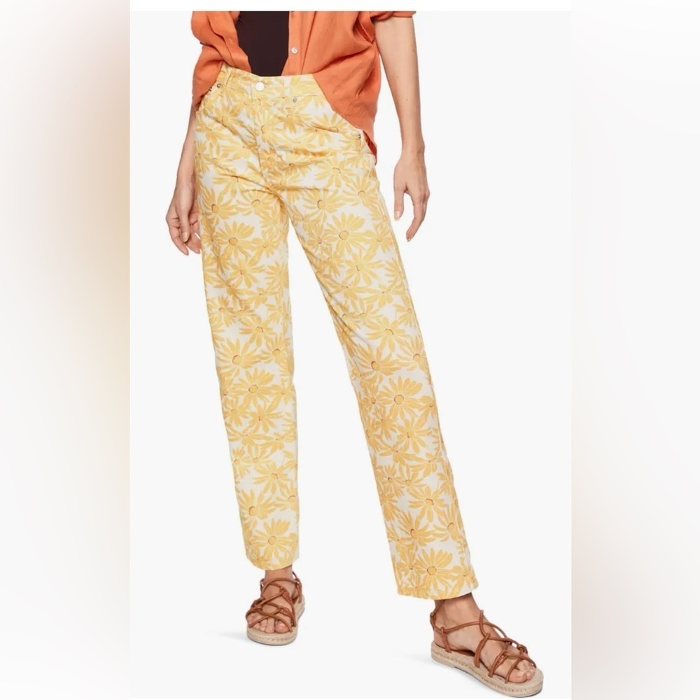 Mango Woman’s Trendy Boho 100% Cotton Yellow and White Floral Straight Leg Jeans